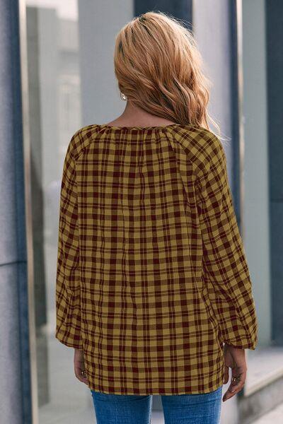 Plaid Tie Neck Balloon Sleeve Blouse - Immenzive