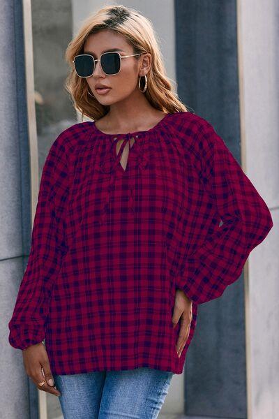 Plaid Tie Neck Balloon Sleeve Blouse - Immenzive