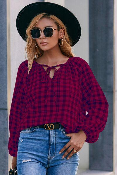 Plaid Tie Neck Balloon Sleeve Blouse - Immenzive