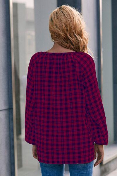 Plaid Tie Neck Balloon Sleeve Blouse - Immenzive