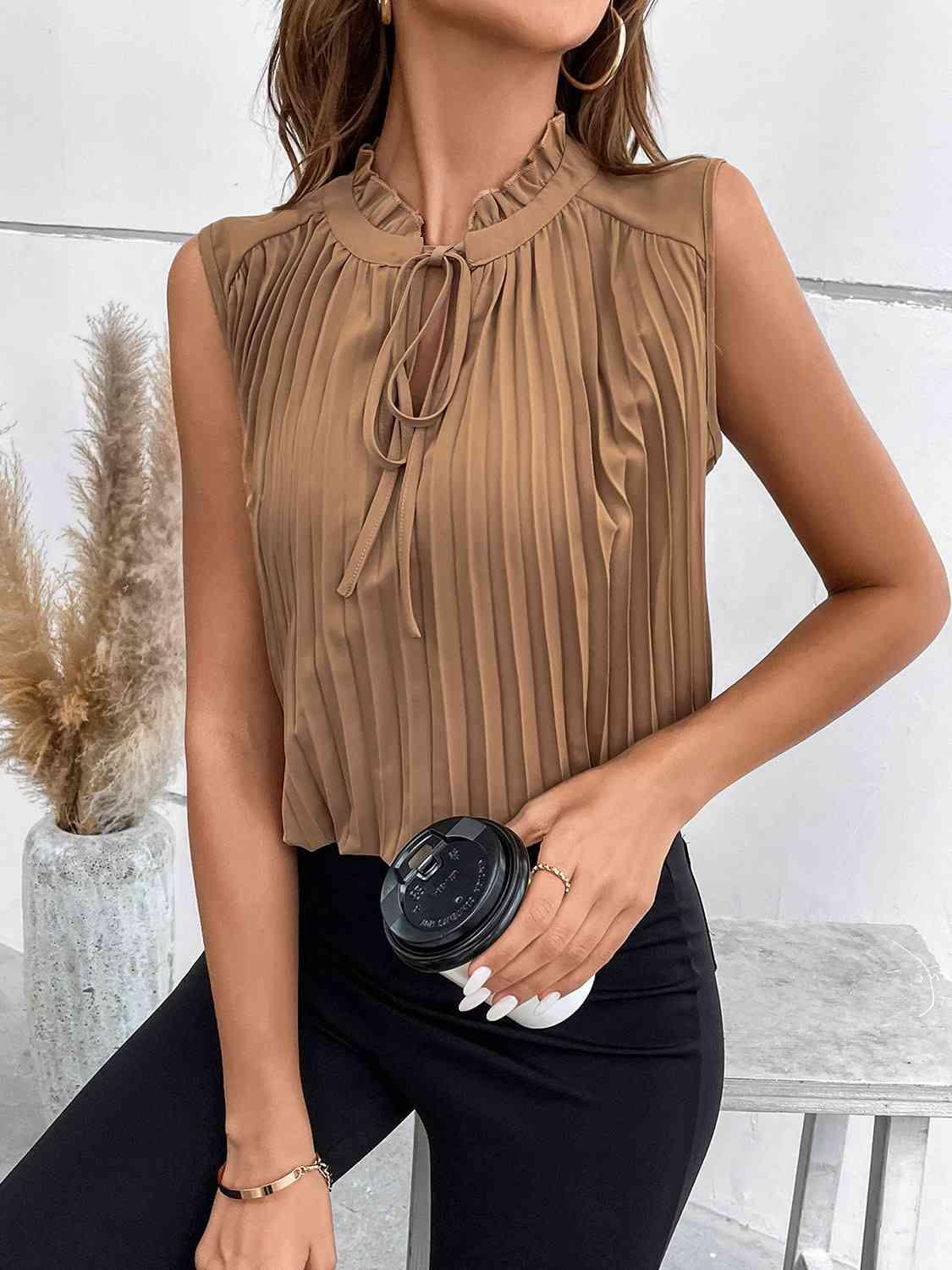 Pleated Tie Neck Tank Top - Immenzive