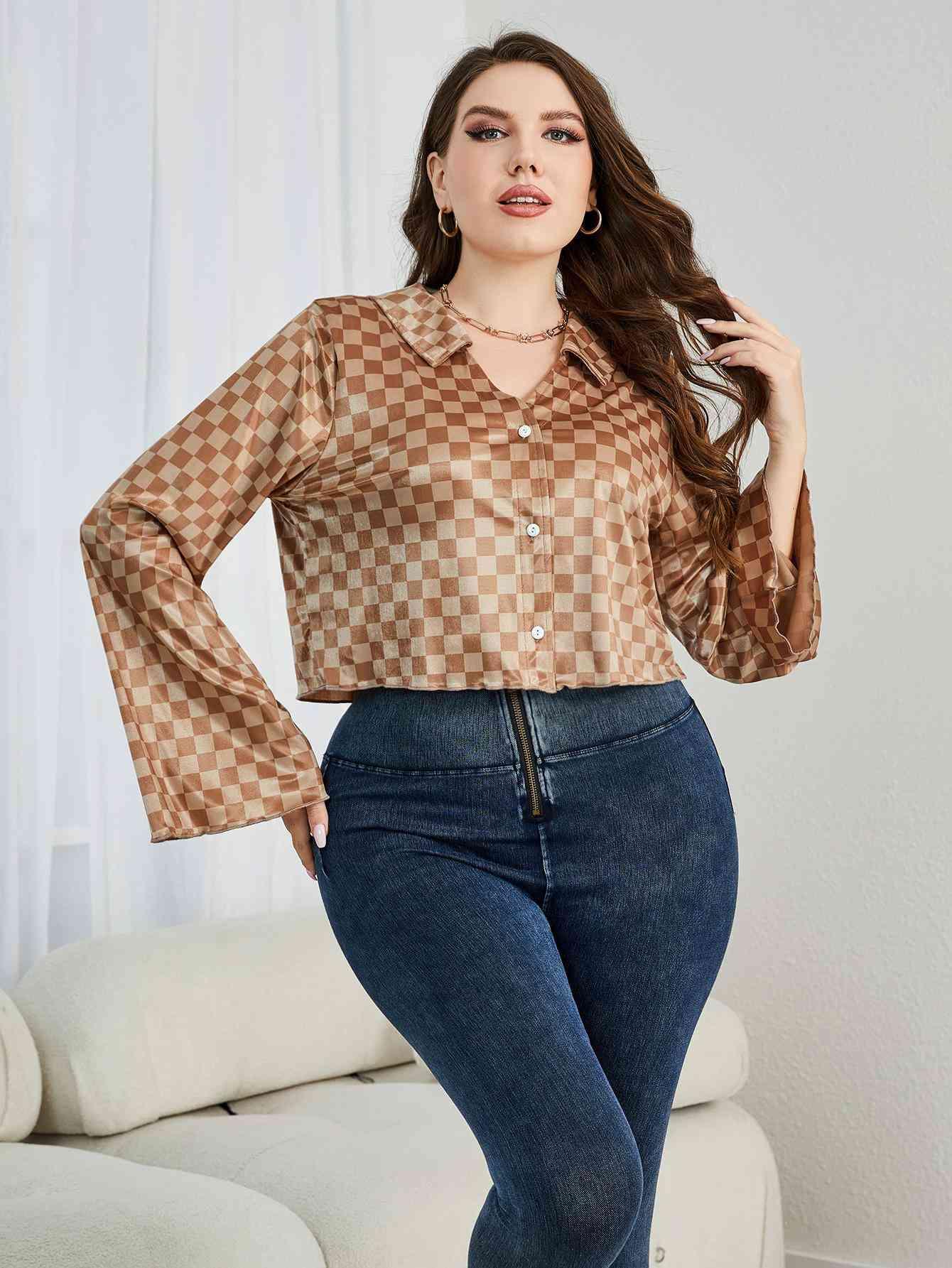 Plus Size Checkered Johnny Collar Flare Sleeve Shirt - Immenzive