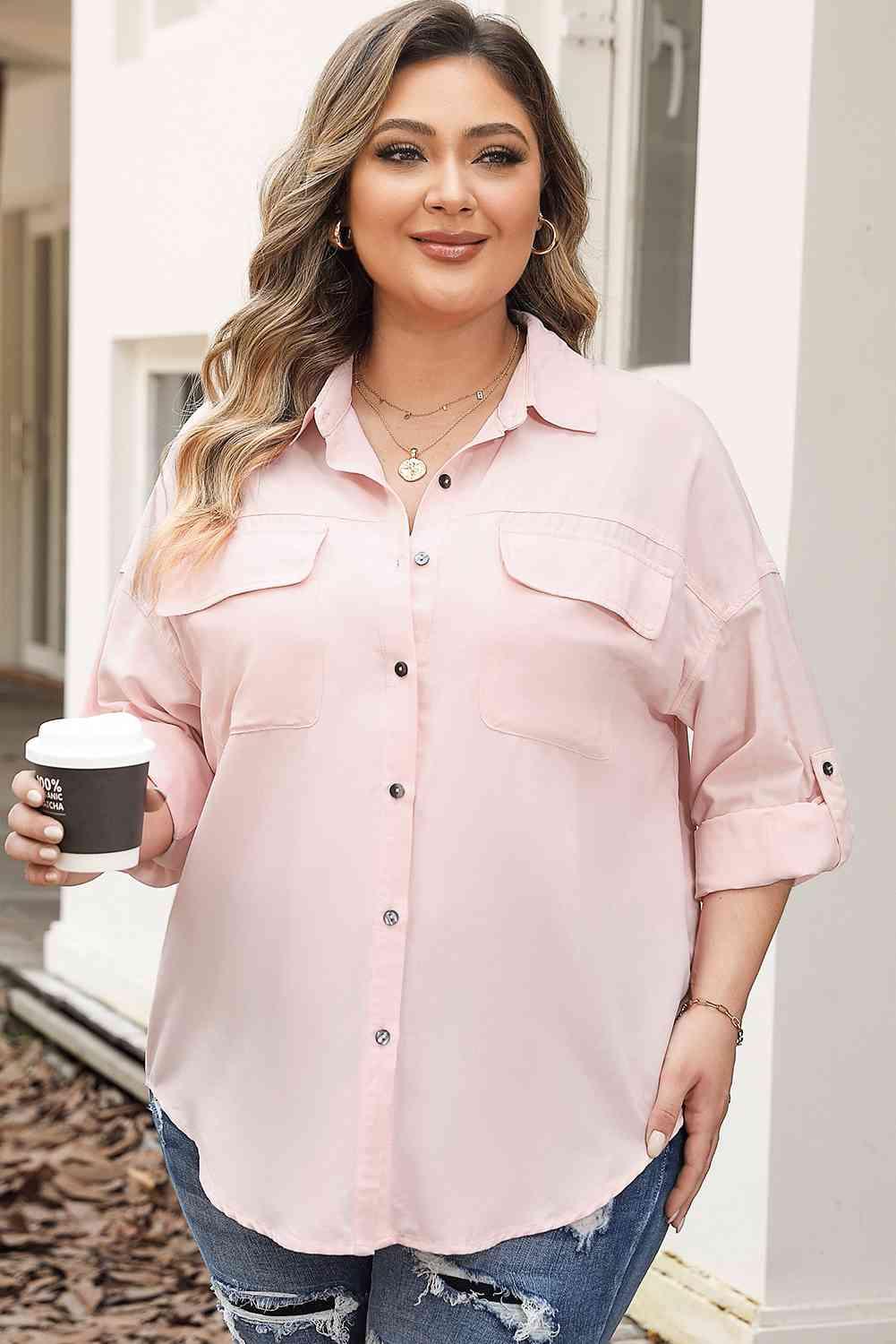 Plus Size Collared Neck Button Front Long Sleeve Shirt - Immenzive