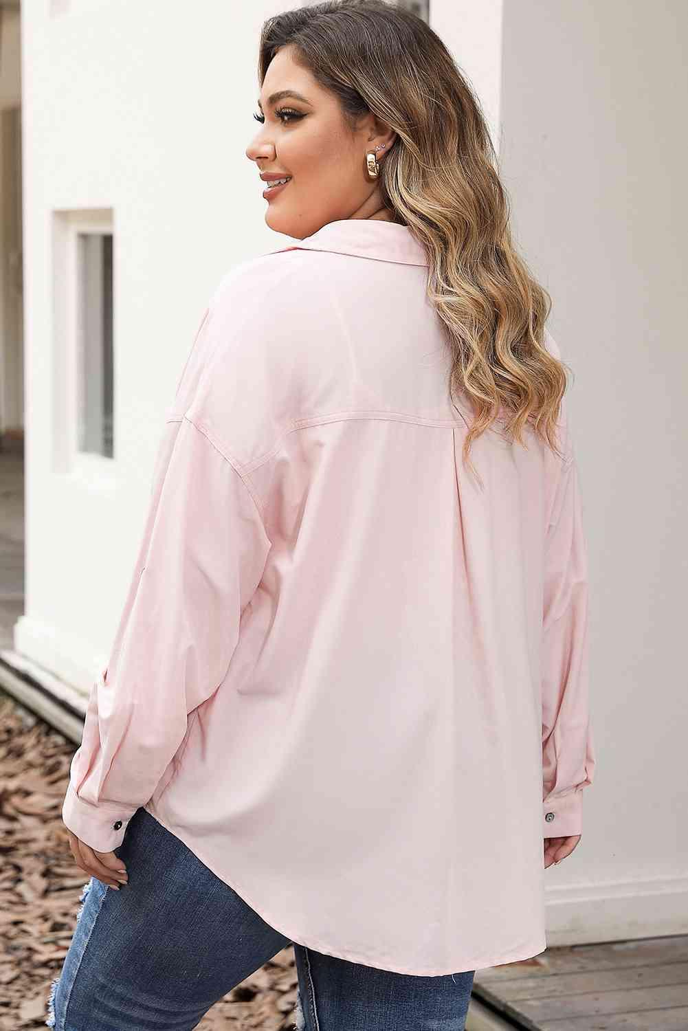 Plus Size Collared Neck Button Front Long Sleeve Shirt - Immenzive