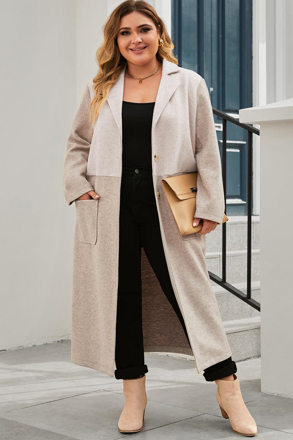Plus Size Collared Neck Buttoned Longline Coat - Immenzive