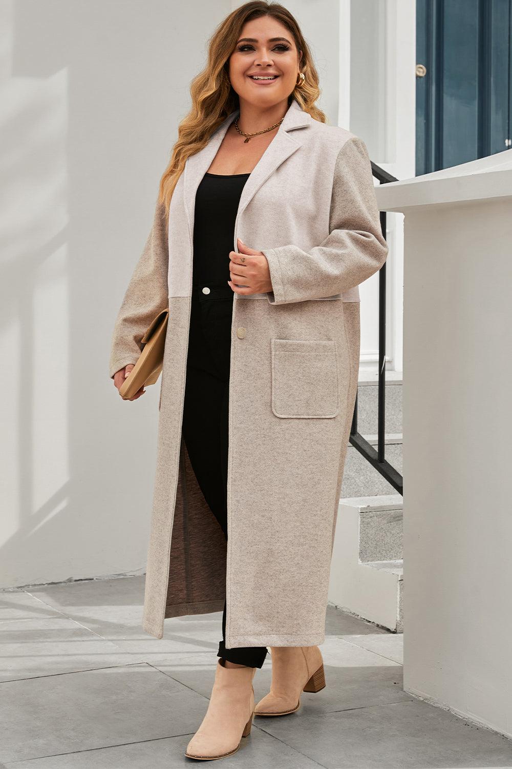 Plus Size Collared Neck Buttoned Longline Coat - Immenzive