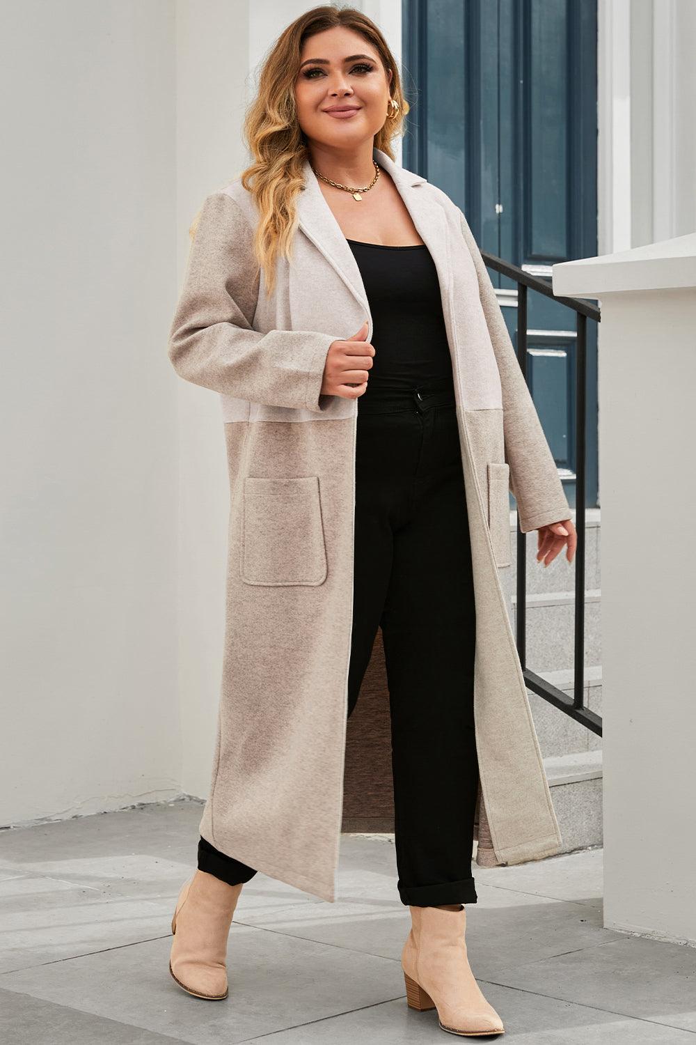 Plus Size Collared Neck Buttoned Longline Coat - Immenzive