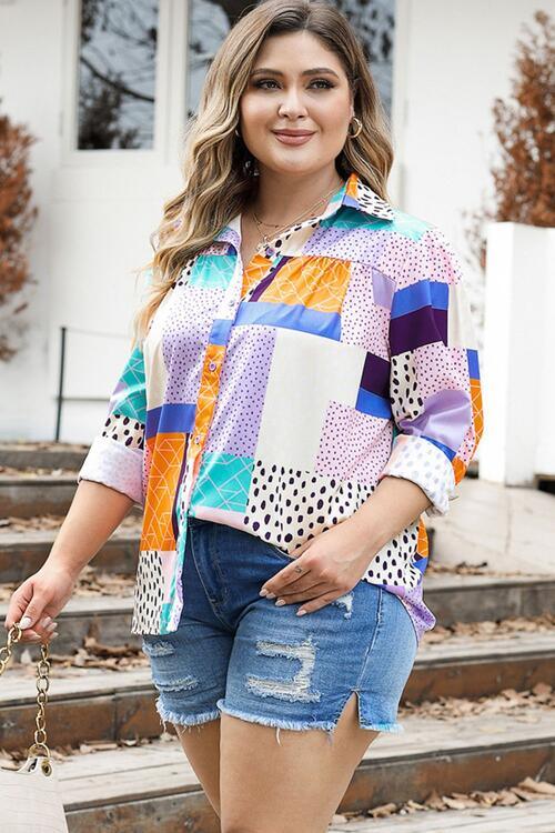 Plus Size Color Block Button Up Collared Neck Shirt - Immenzive