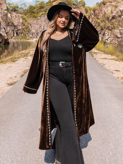 Plus Size Embroidery Open Front Long Sleeve Cardigan - Immenzive