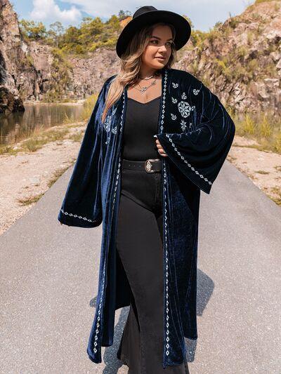 Plus Size Embroidery Open Front Long Sleeve Cardigan - Immenzive