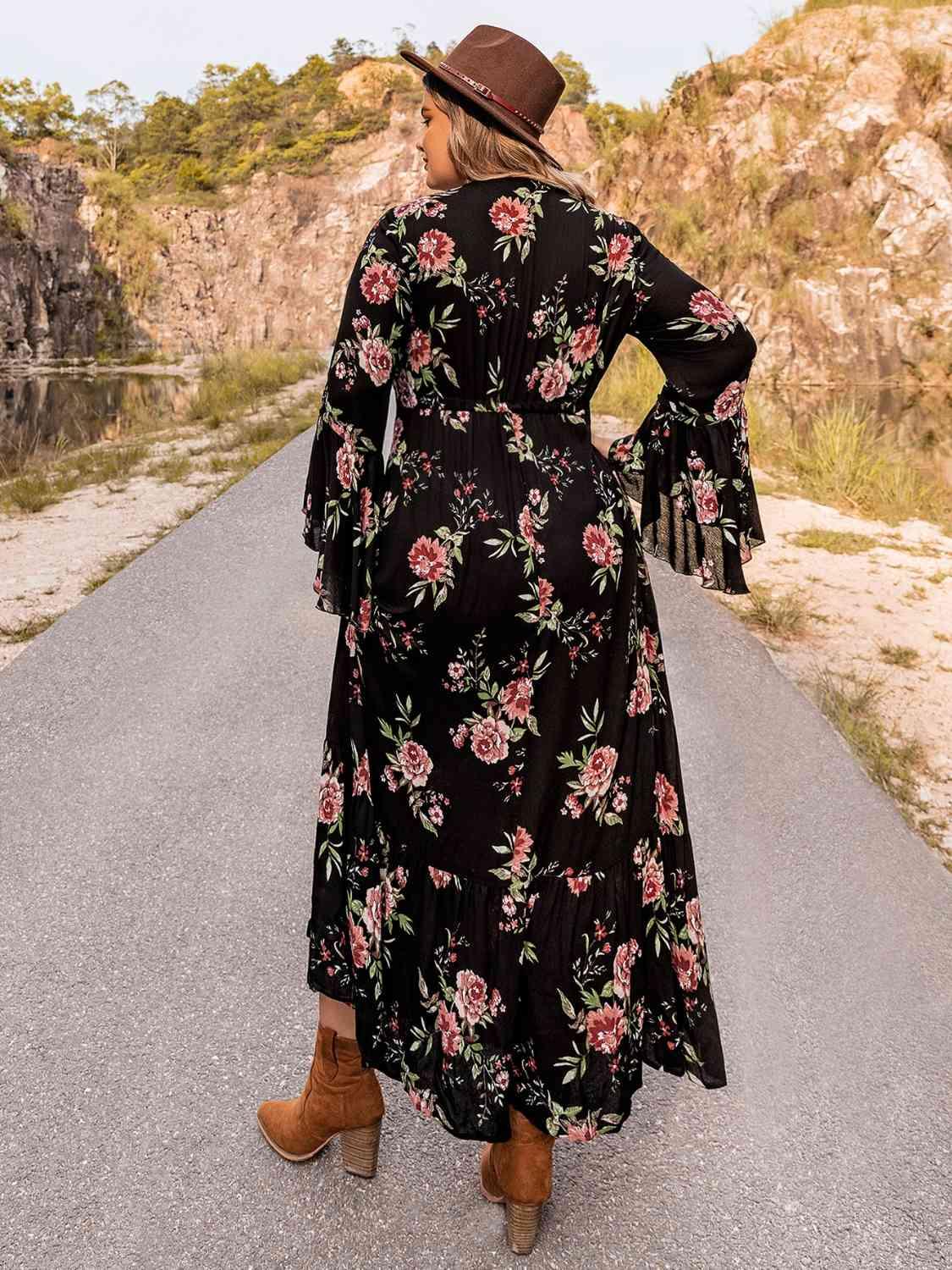Plus Size Floral Flare Sleeve Dress - Immenzive