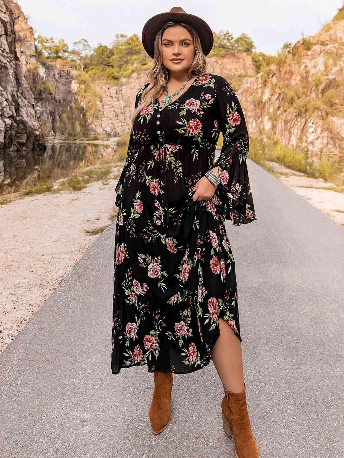 Plus Size Floral Flare Sleeve Dress - Immenzive