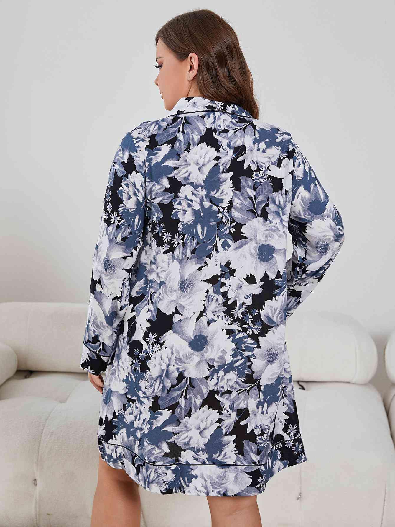 Plus Size Floral Lapel Collar Long Sleeve Night Dress - Immenzive