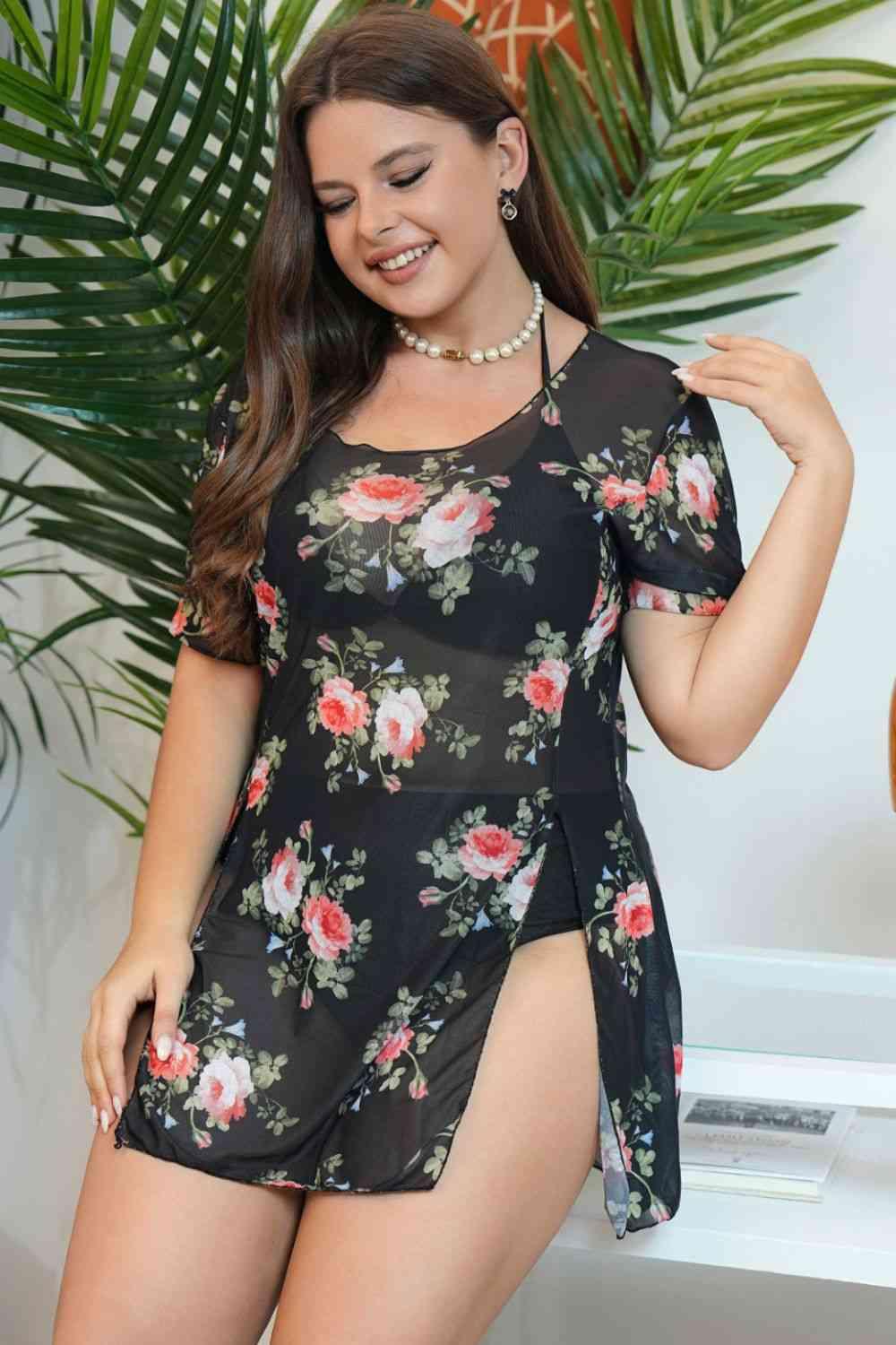 Plus Size Floral Slit Three-Piece Swim Set - Immenzive