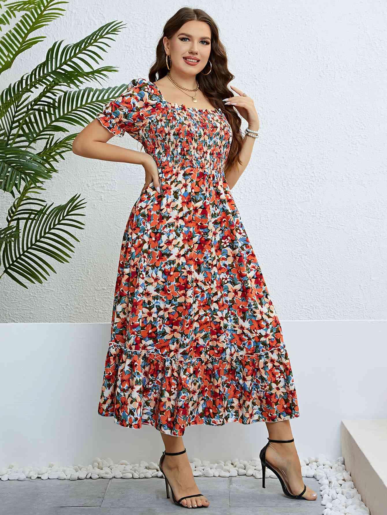 Plus Size Floral Smocked Square Neck Dress - Immenzive
