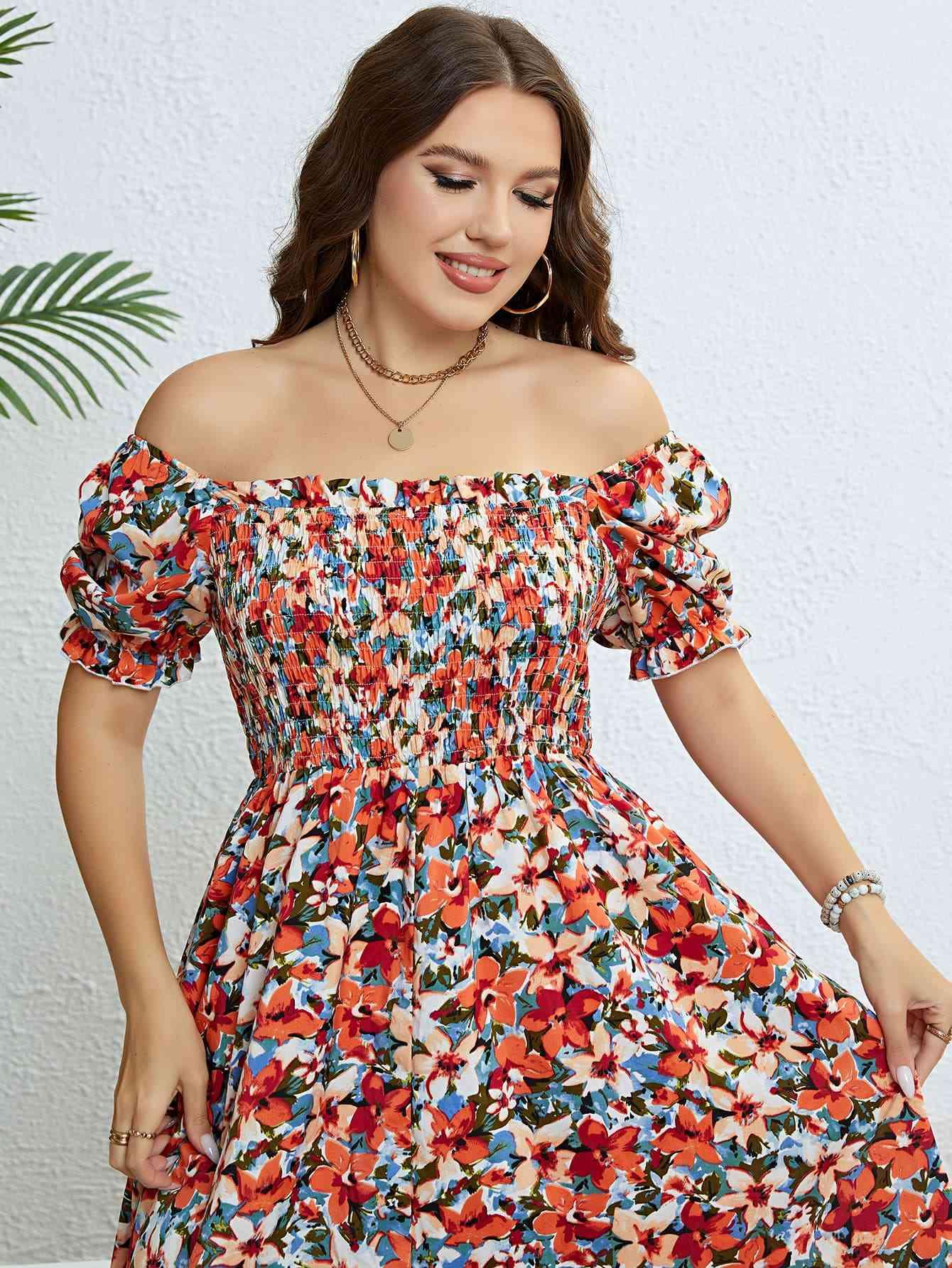 Plus Size Floral Smocked Square Neck Dress - Immenzive