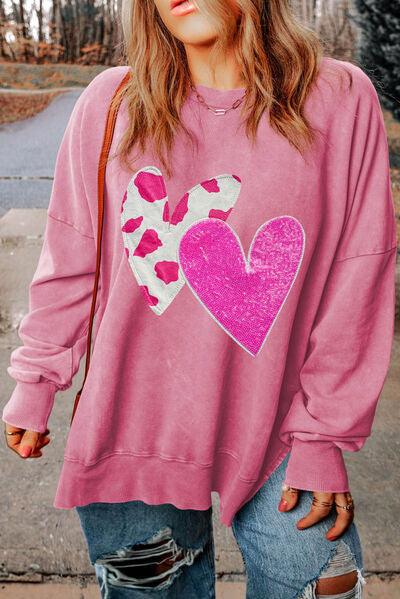 Plus Size Heart Sequin Round Neck Sweatshirt - Immenzive