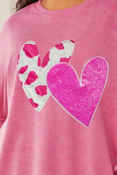 Plus Size Heart Sequin Round Neck Sweatshirt - Immenzive