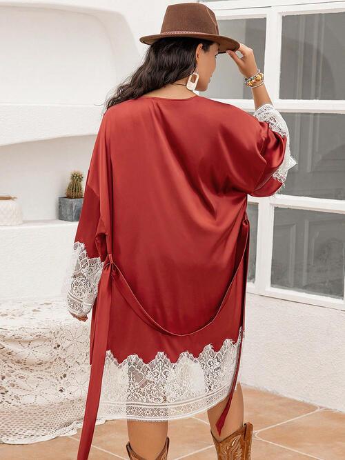 Plus Size Lace Patchwork Tie Front Robe - Immenzive