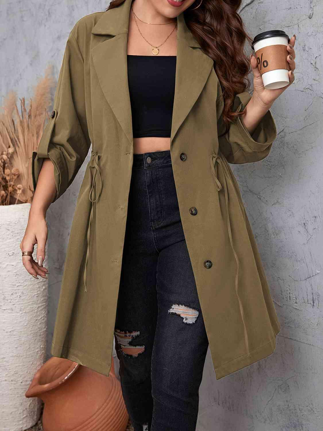 Plus Size Lapel Collar Drawstring Roll-Tab Sleeve Trench Coat - Immenzive