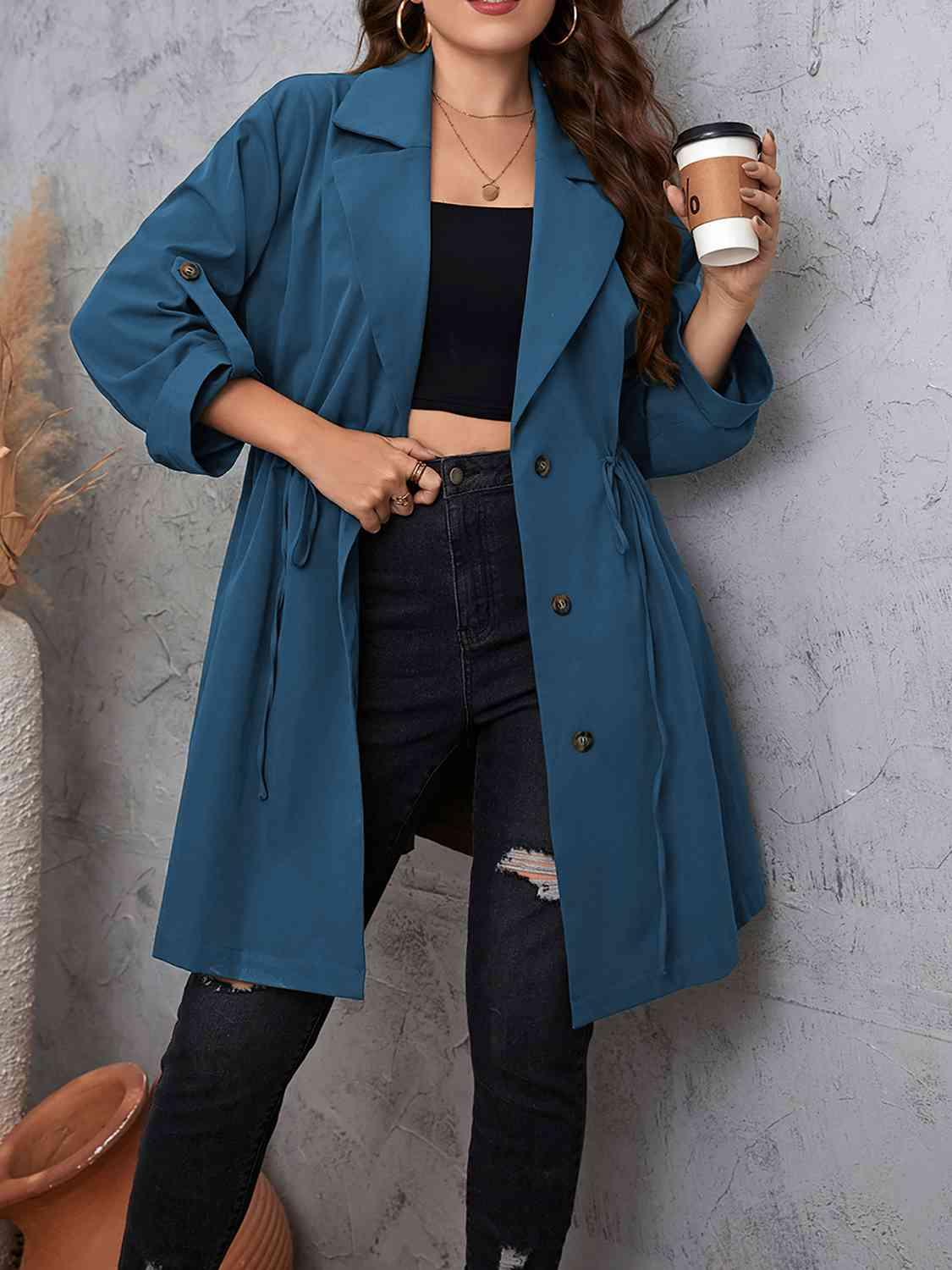 Plus Size Lapel Collar Drawstring Roll-Tab Sleeve Trench Coat - Immenzive