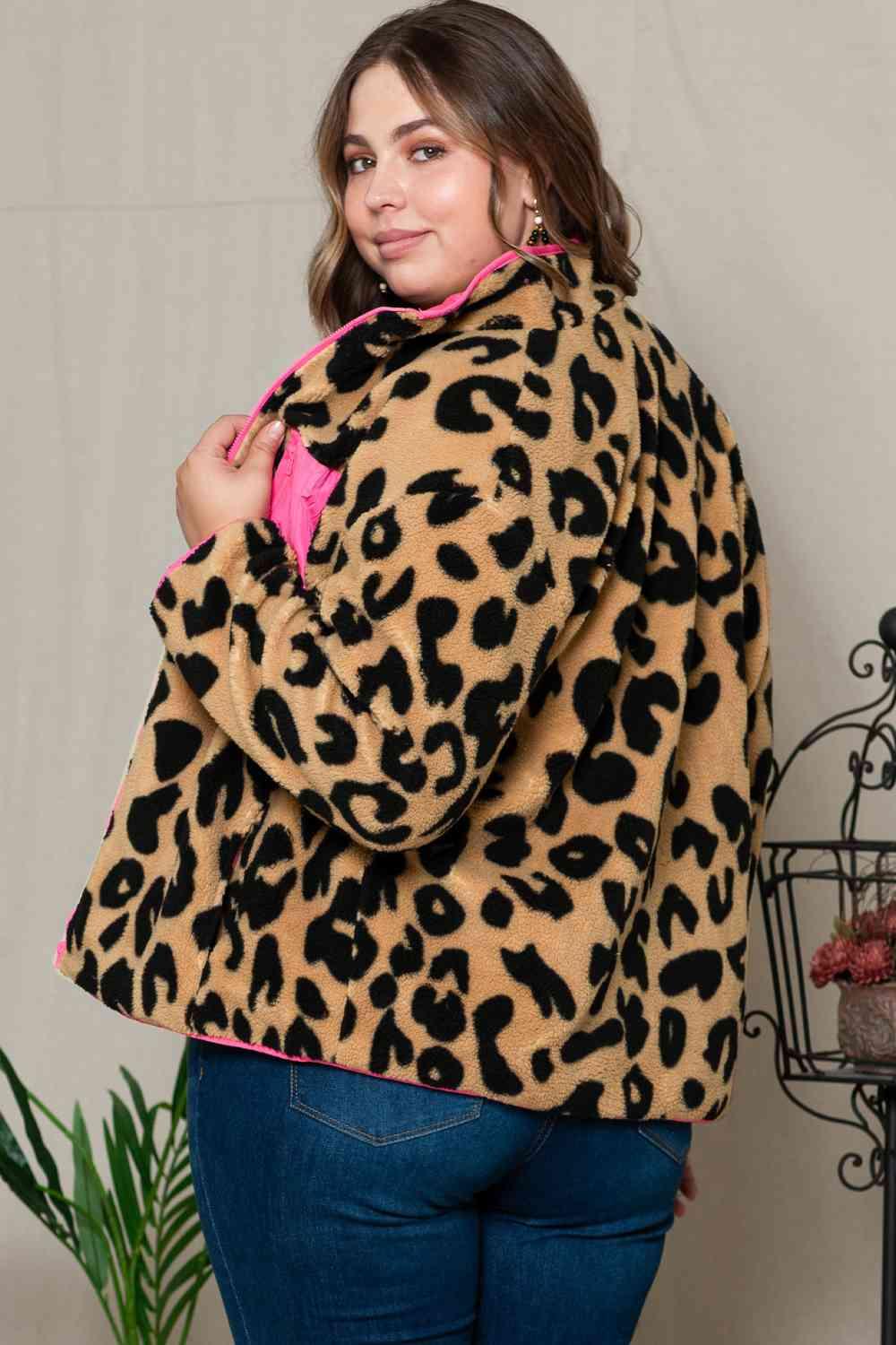 Plus Size Leopard Zip Up Jacket with Pockets - Immenzive