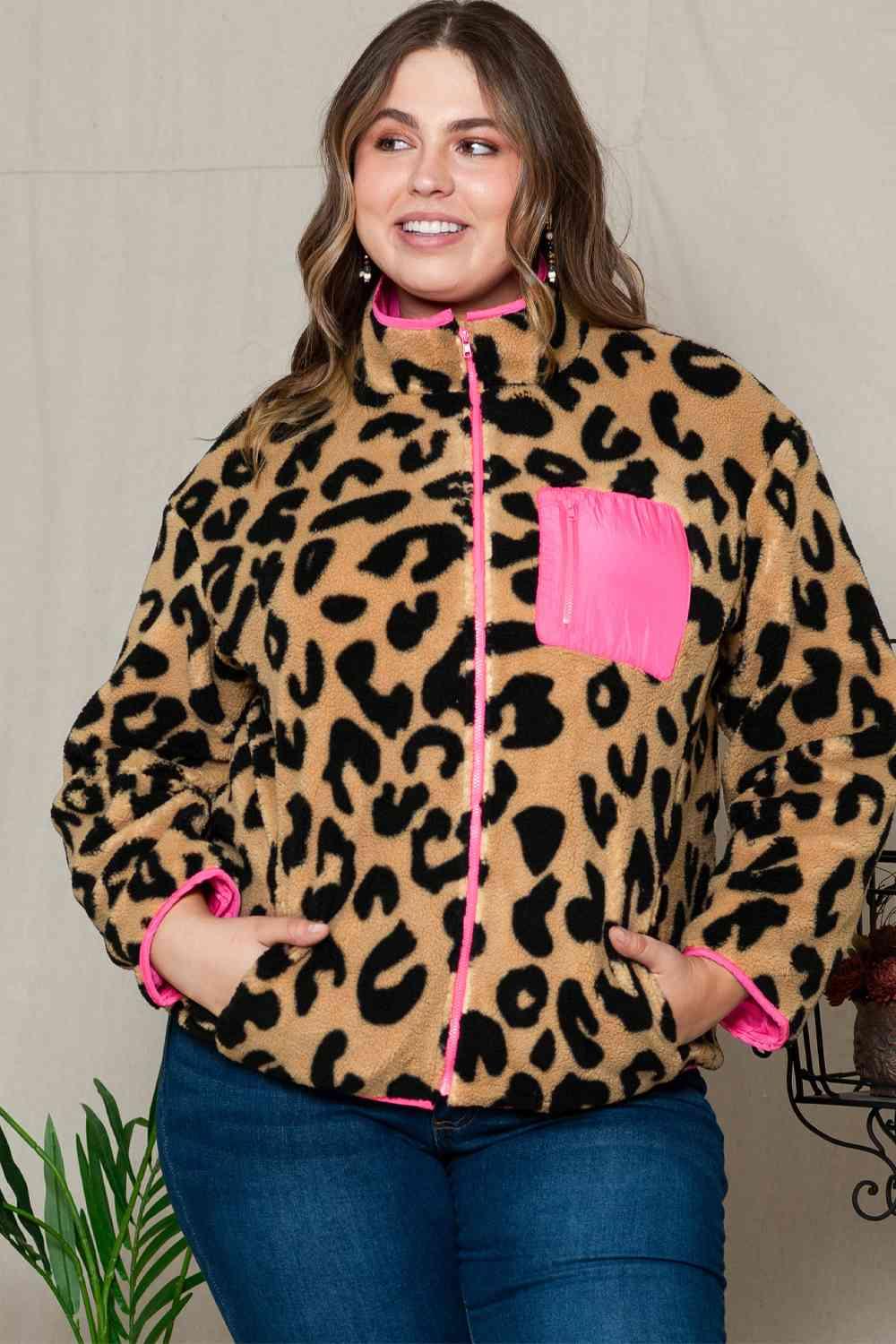 Plus Size Leopard Zip Up Jacket with Pockets - Immenzive