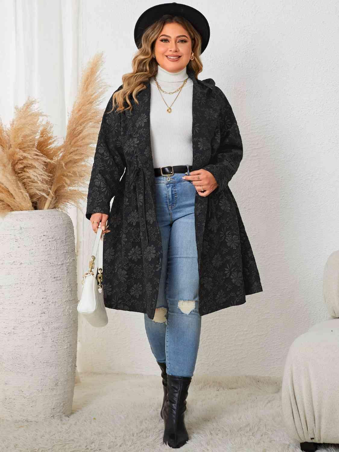 Plus Size Long Sleeve Hooded Trench Coat - Immenzive