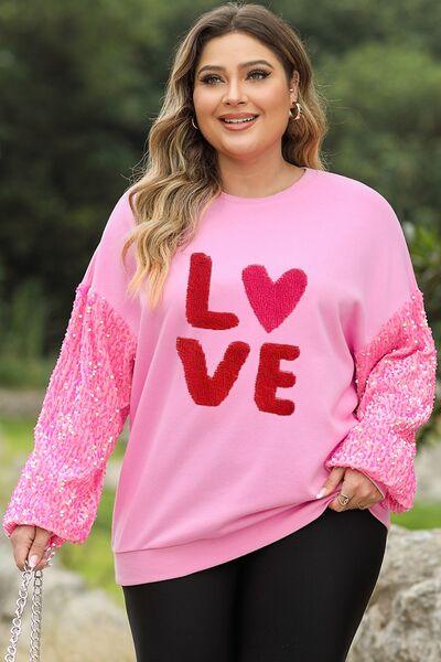 Plus Size LOVE Sequin Round Neck Sweatshirt - Immenzive