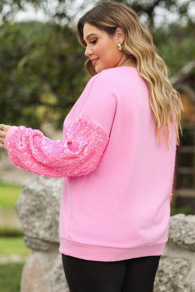 Plus Size LOVE Sequin Round Neck Sweatshirt - Immenzive