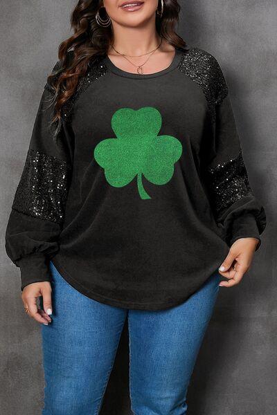 Plus Size Lucky Clover Sequin Round Neck Blouse - Immenzive