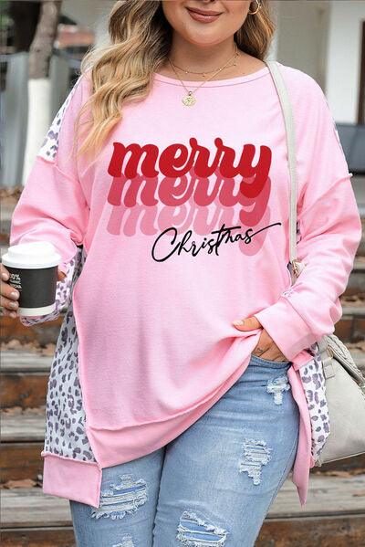 Plus Size MERRY CHRISTMAS Leopard Round Neck Sweatshirt - Immenzive