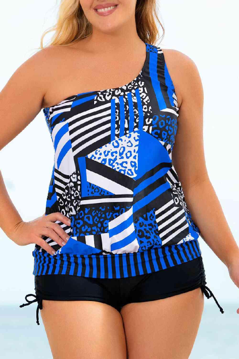 Plus Size Patchwork Tied One-Shoulder Tankini Set - Immenzive
