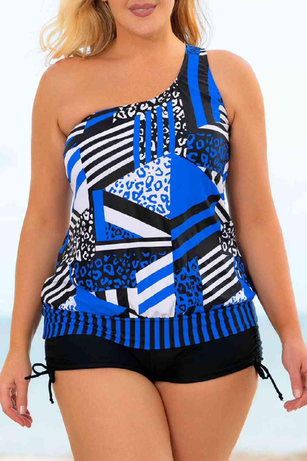 Plus Size Patchwork Tied One-Shoulder Tankini Set - Immenzive