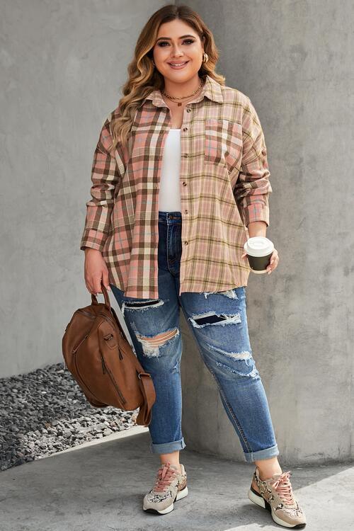 Plus Size Plaid Button Up Collared Neck Shirt - Immenzive