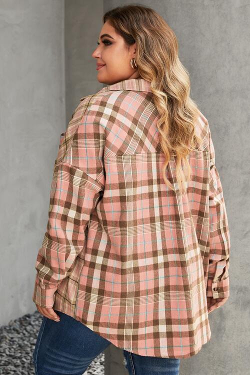 Plus Size Plaid Button Up Collared Neck Shirt - Immenzive