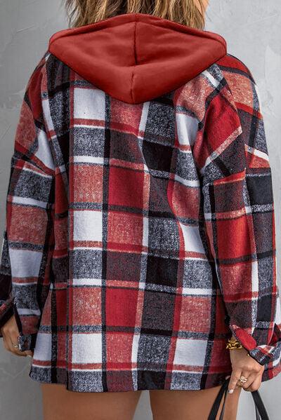 Plus Size Plaid Button Up Hooded Jacket - Immenzive