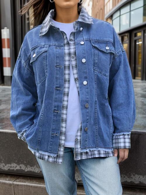 Plus Size Plaid Collared Neck Raw Hem Denim Jacket - Immenzive