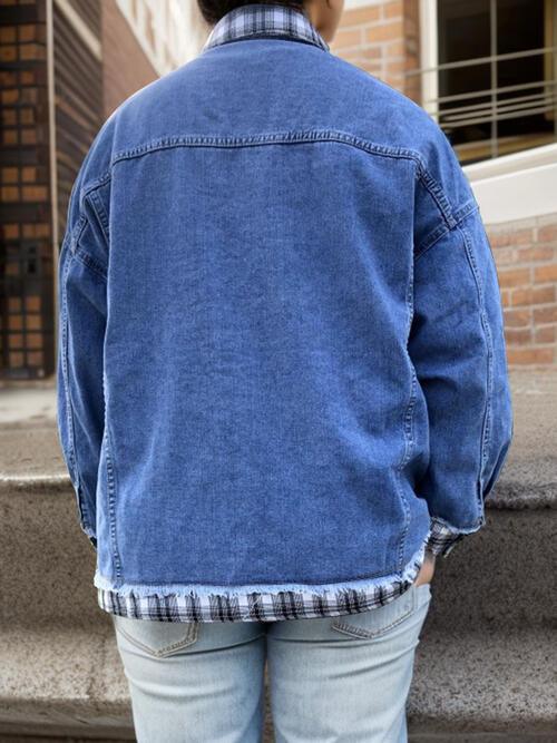 Plus Size Plaid Collared Neck Raw Hem Denim Jacket - Immenzive