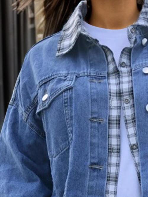 Plus Size Plaid Collared Neck Raw Hem Denim Jacket - Immenzive