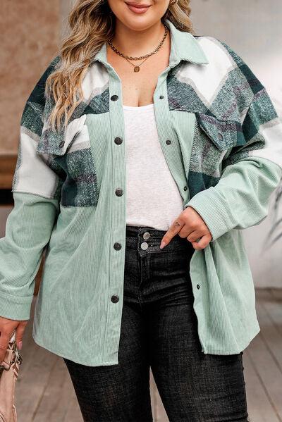 Plus Size Plaid Snap Down Jacket with Pockets - Immenzive
