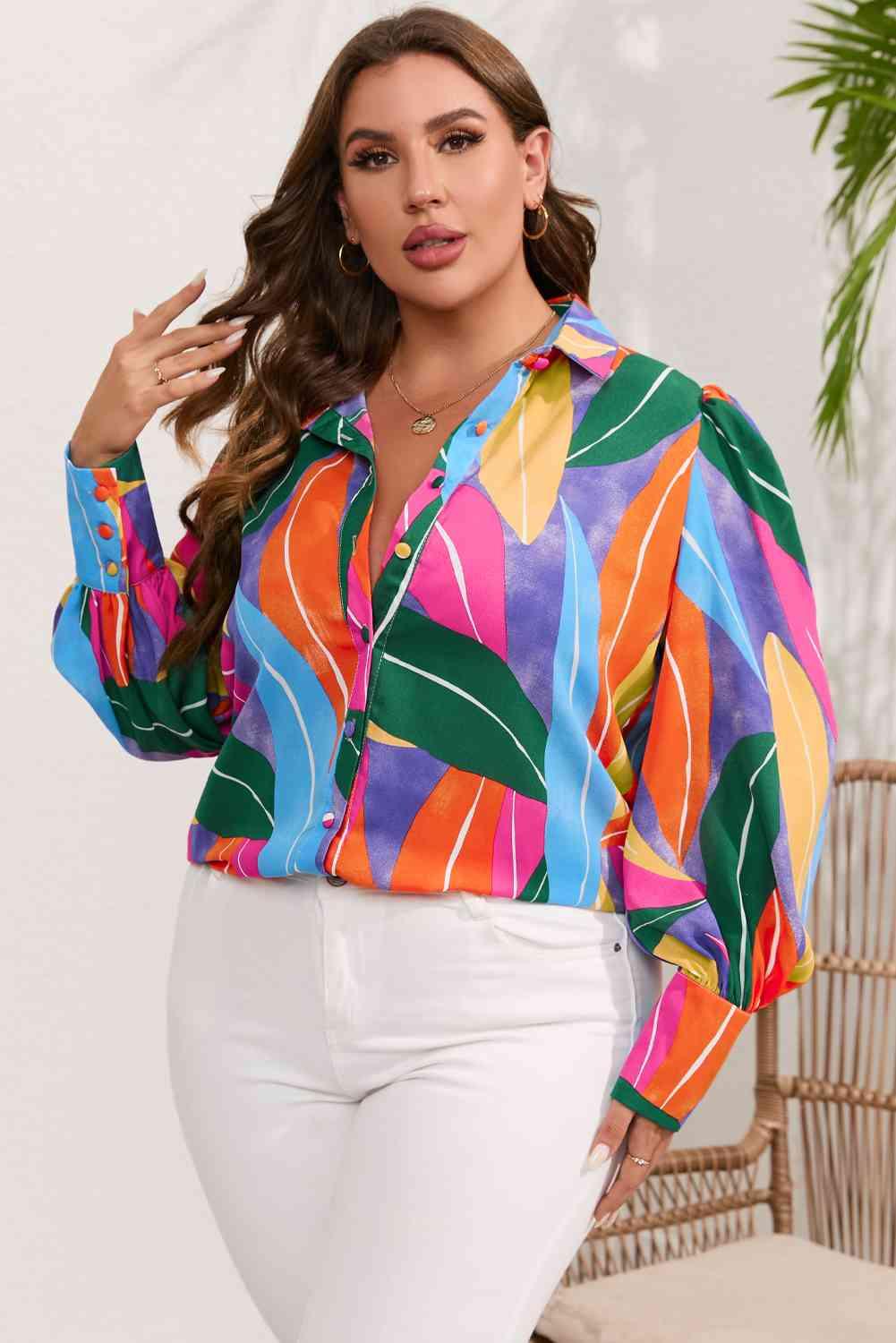 Plus Size Printed Collared Neck Long Sleeve Shirt - Immenzive