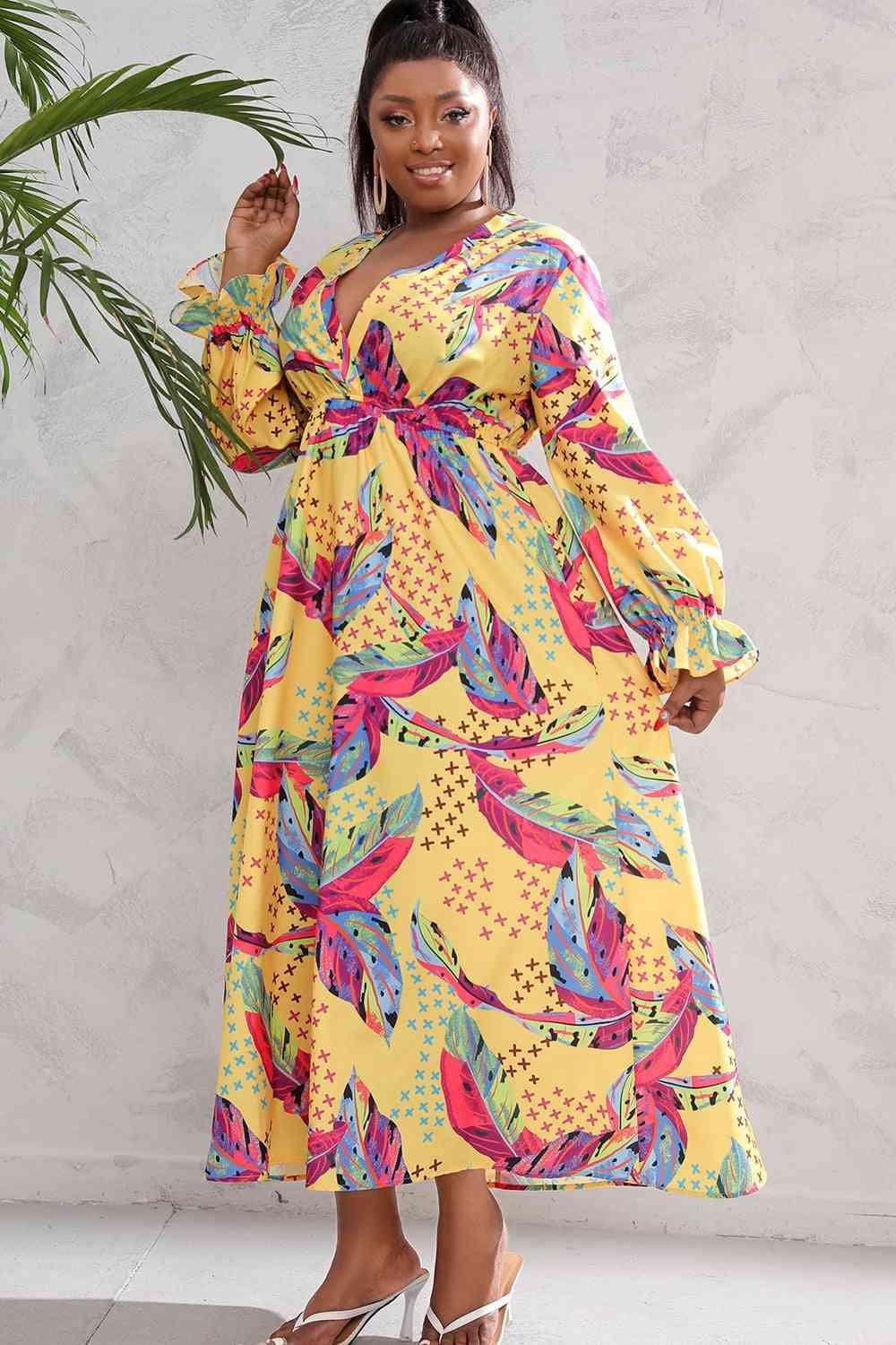 Plus Size Printed Flounce Sleeve Maxi Dress - Immenzive