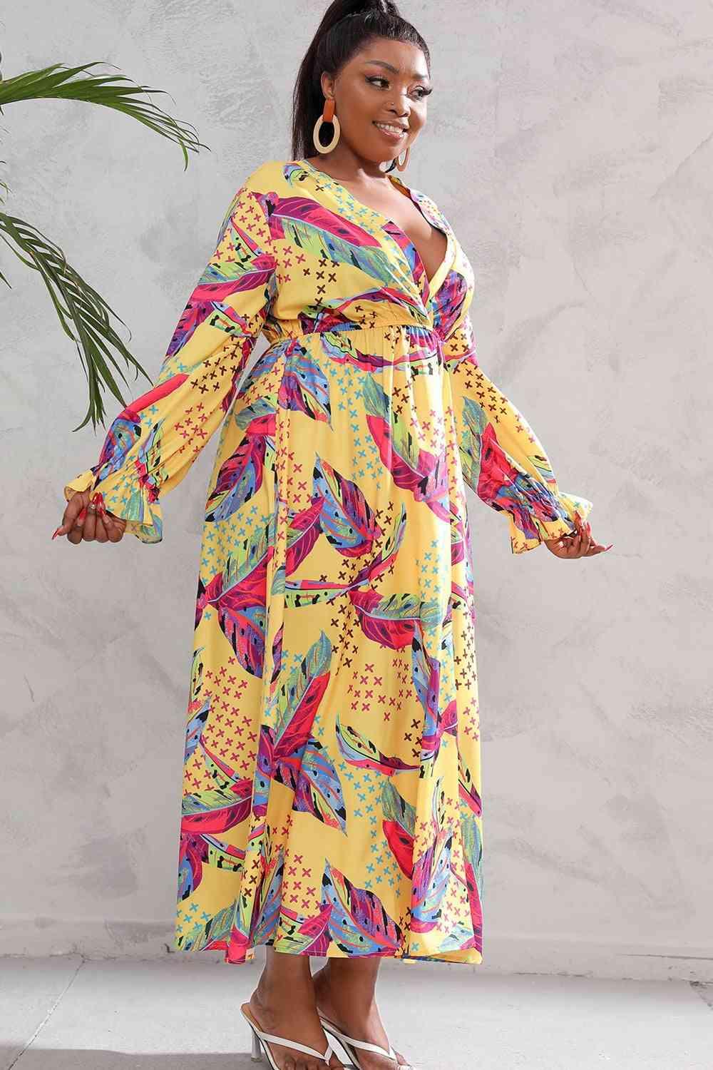 Plus Size Printed Flounce Sleeve Maxi Dress - Immenzive