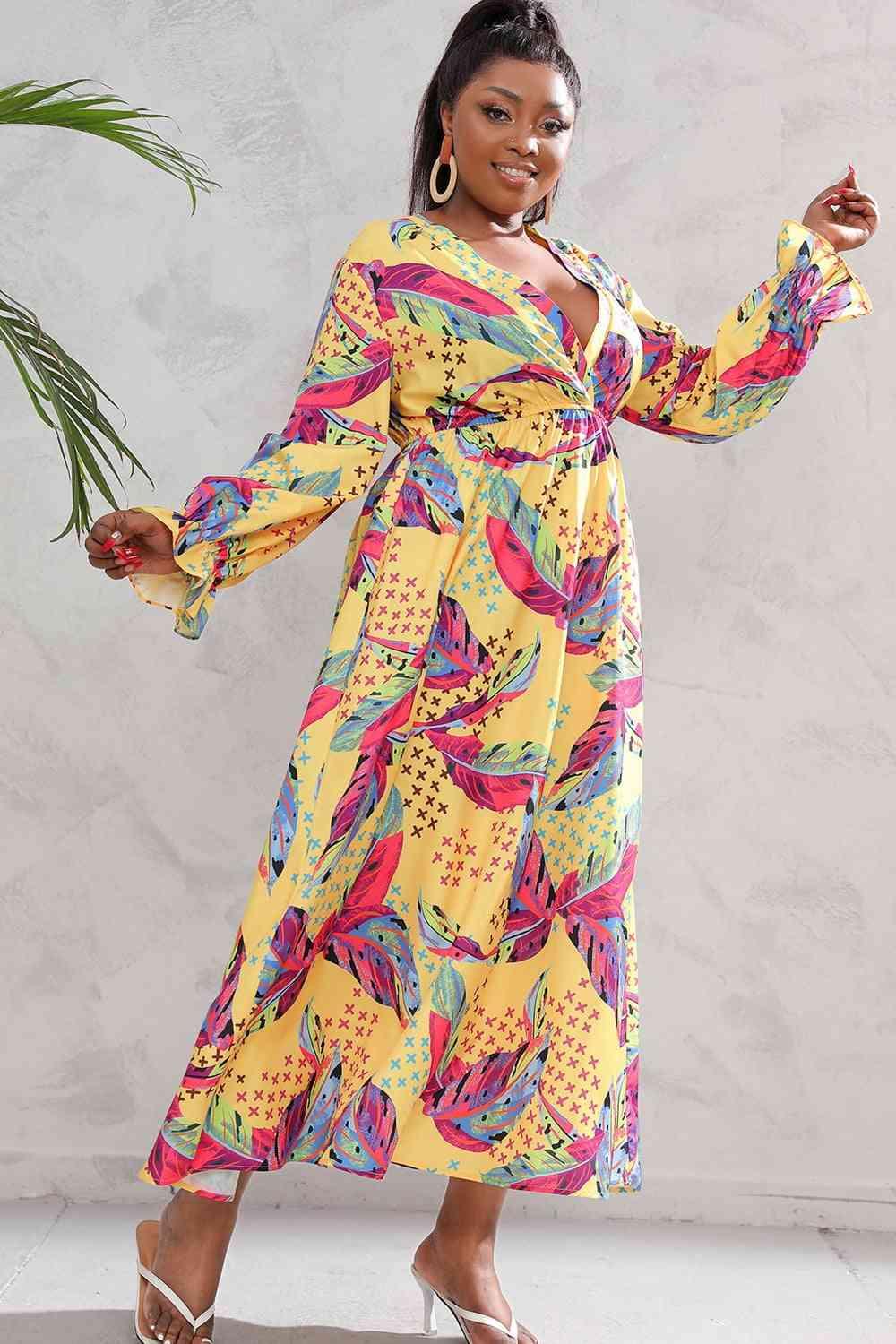 Plus Size Printed Flounce Sleeve Maxi Dress - Immenzive