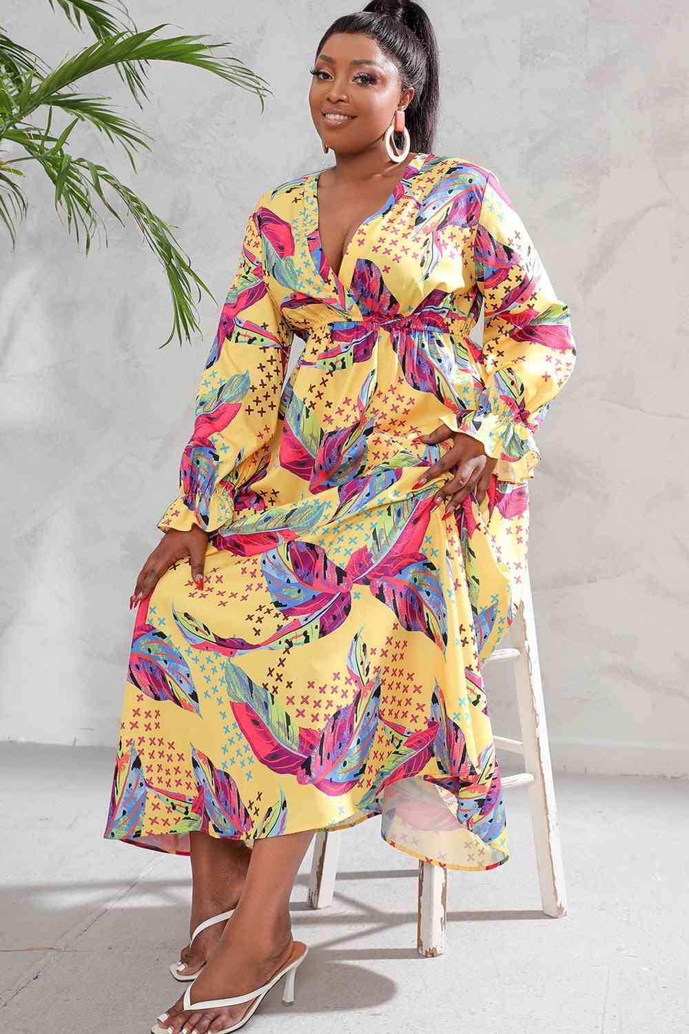 Plus Size Printed Flounce Sleeve Maxi Dress - Immenzive