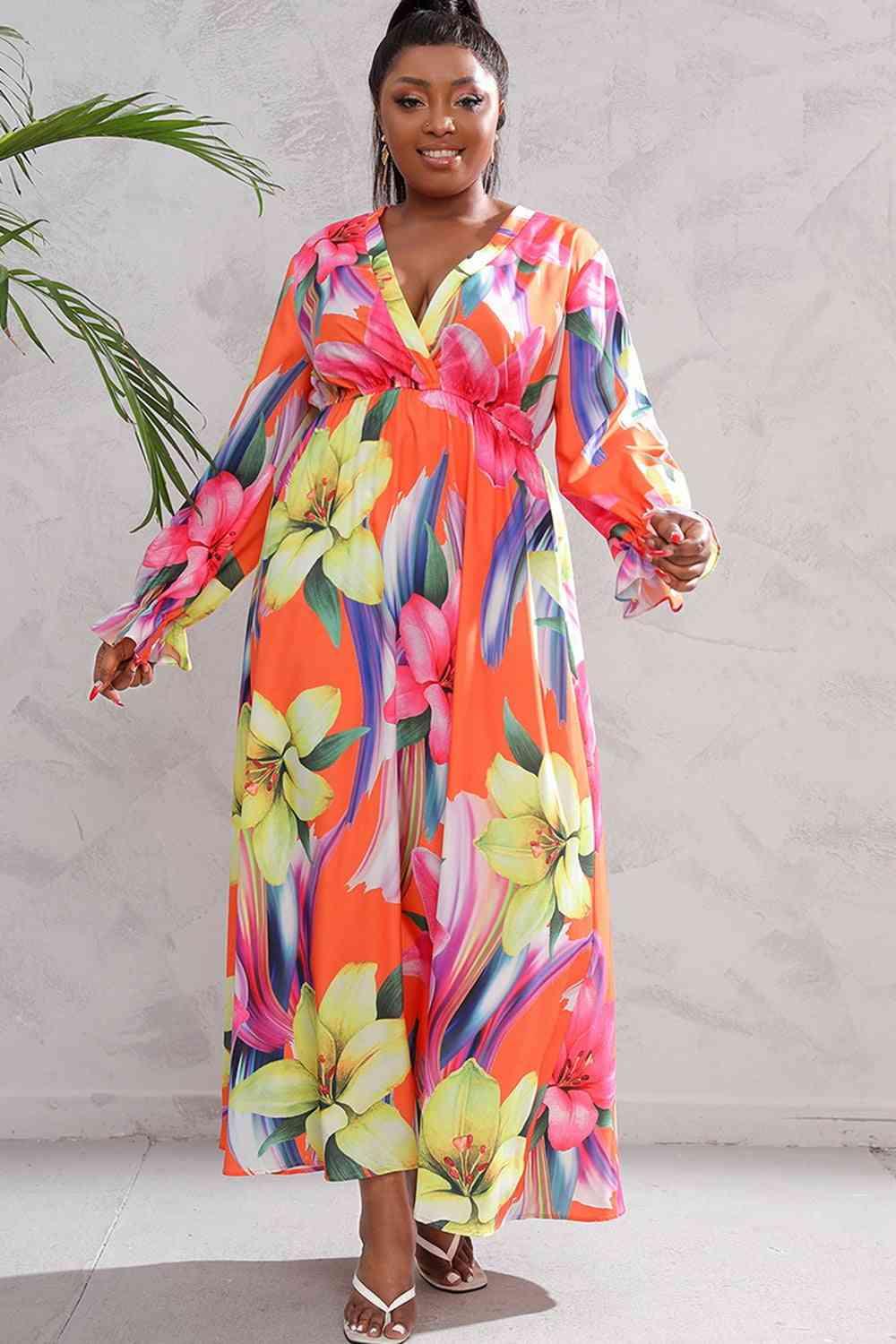 Plus Size Printed Flounce Sleeve Maxi Dress - Immenzive
