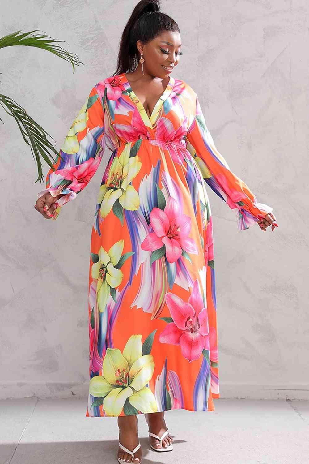 Plus Size Printed Flounce Sleeve Maxi Dress - Immenzive