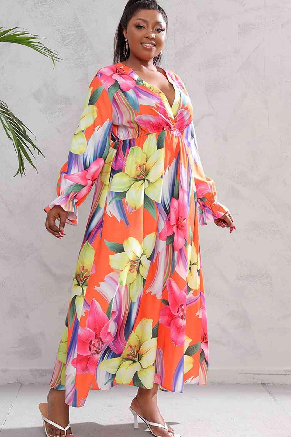 Plus Size Printed Flounce Sleeve Maxi Dress - Immenzive