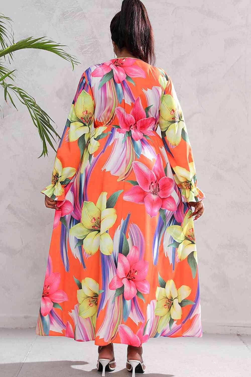 Plus Size Printed Flounce Sleeve Maxi Dress - Immenzive